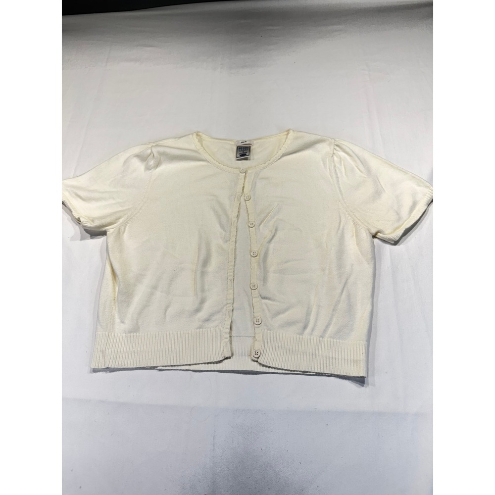 Old Navy Tiny Fit Short Sleeve Cardigan Cream White Y2K Cotton Knit Sweater L